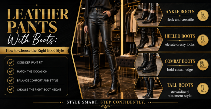 Leather Pants With Boots How to Choose the Right Boot Style Infographic on a black background with gold accents titled