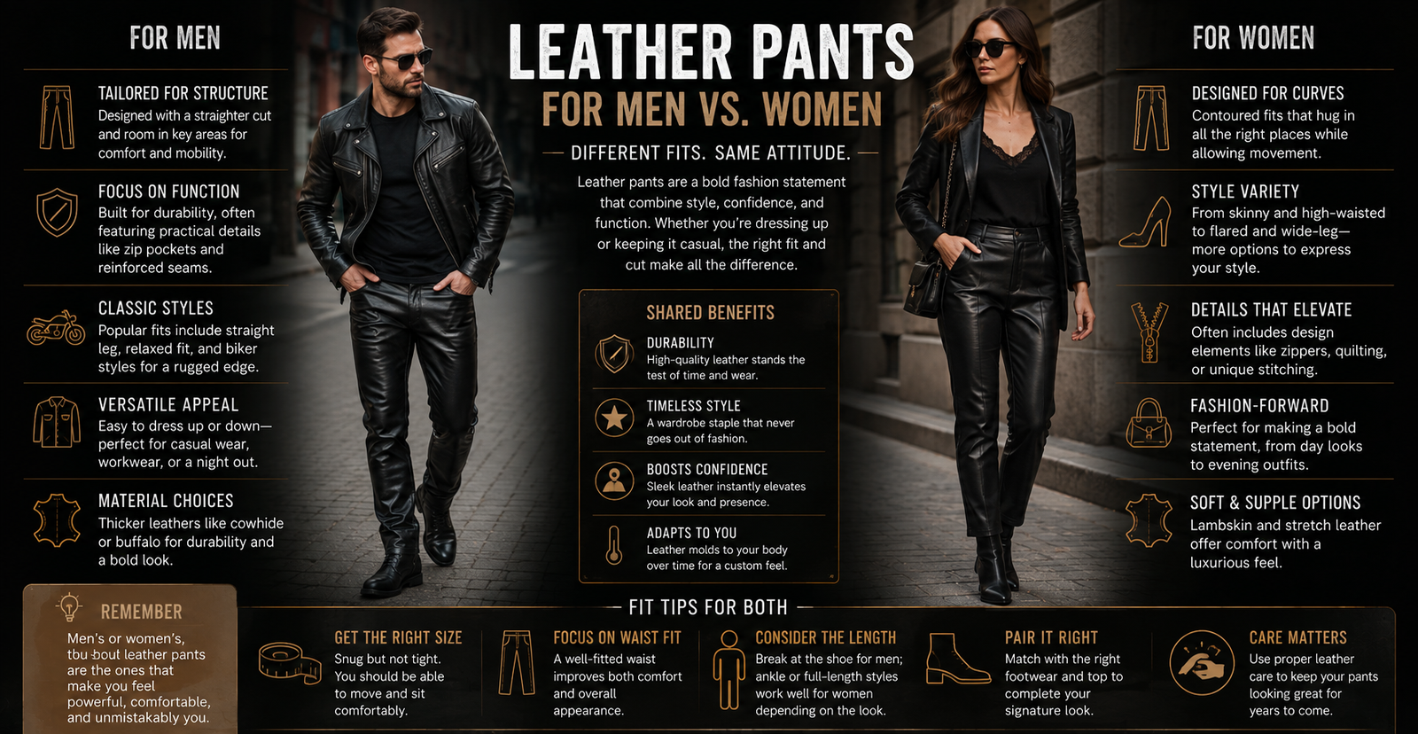 Leather Pants Materials Guide: Choosing the Best Leather for Your Style and Comfort 8 An advertisement titled "Leather Pants for Men vs. Women." The left "For Men" section shows a man in a black leather jacket and pants walking toward the right, labeled "Tailored for Structure" and "Classic Styles." The right "For Women" section shows a woman in a matching black leather outfit carrying a handbag, labeled "Designed for Curves" and "Style Variety." The center reads "Different Fits. Same Attitude," with shared benefits including "Durability" and "Boosts Confidence." Below is a "Fit Tips for Both" section advising "Focus on Waist Fit" and "Pair It Right," plus a "Remember" box about the confidence leather pants evoke.