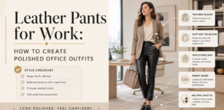 Leather Pants for Work: How to Create Polished Office Outfits Split-screen style guide titled "Leather Pants for Work: How to Create Polished Office Outfits," showing a professional woman in an office wearing black leather pants, a light blouse, beige blazer, and black loafers holding a structured beige handbag.