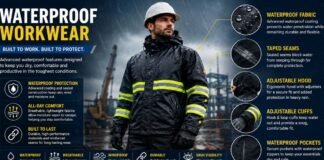 Waterproof Workwear Features: That Improve Comfort & Safety Waterproof workwear features including waterproof fabric, taped seams, adjustable hood, cuffs, and secure pockets.Waterproof Workwear Features: That Improve Comfort & Safety