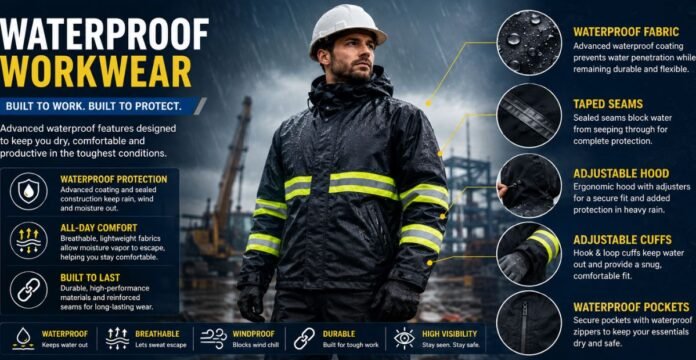 Waterproof workwear features including waterproof fabric, taped seams, adjustable hood, cuffs, and secure pockets.Waterproof Workwear Features: That Improve Comfort & Safety