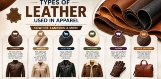 Types of Leather Used in Apparel: Cowhide, Lambskin & More Infographic showing types of leather used in apparel, including cowhide, lambskin, goatskin, sheepskin, pigskin, and exotic leather.types of leather used in apparel