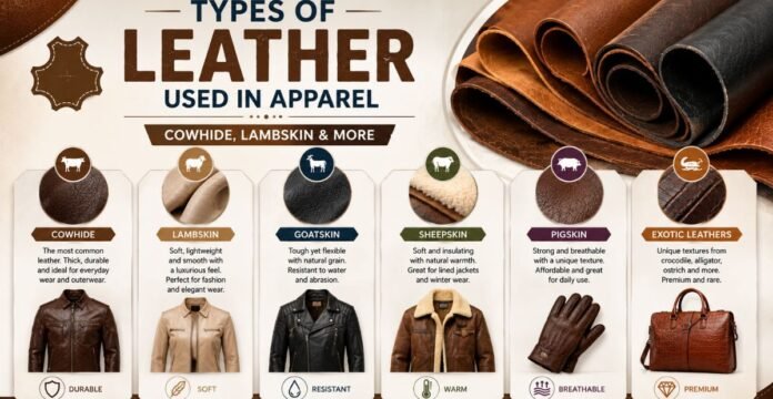 Infographic showing types of leather used in apparel, including cowhide, lambskin, goatskin, sheepskin, pigskin, and exotic leather.types of leather used in apparel
