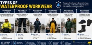 Types of Waterproof Workwear: A Complete Guide for Every Job Types of Waterproof Workwear infographic showing waterproof jackets, waterproof trousers, waterproof coveralls, waterproof bib and brace, rain suits, and waterproof accessories for construction, industrial, marine, and outdoor work.Types of Waterproof Workwear: A Complete Guide for Every Job