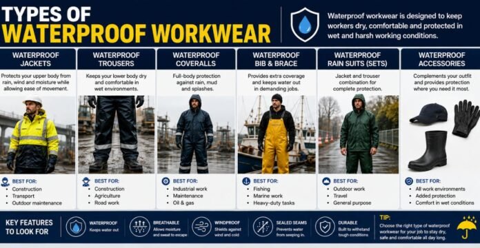 Types of Waterproof Workwear infographic showing waterproof jackets, waterproof trousers, waterproof coveralls, waterproof bib and brace, rain suits, and waterproof accessories for construction, industrial, marine, and outdoor work.Types of Waterproof Workwear: A Complete Guide for Every Job