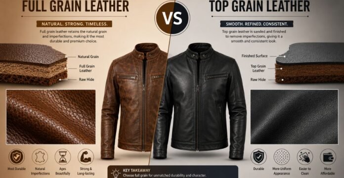 Alt Text: Full grain vs top grain leather for apparel showing texture, durability, and surface differences.Full Grain vs Top Grain Leather for Apparel: Key Differences