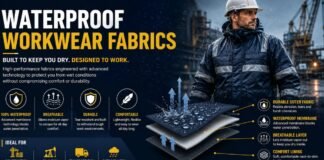Waterproof Workwear Fabrics: Durable Options for All Weather Waterproof workwear fabrics infographic showing a worker wearing a waterproof reflective jacket in rainy industrial conditions with layered fabric technology highlighting waterproof, breathable, durable, and comfortable performance.Waterproof Workwear Fabrics: Durable Options for All Weather