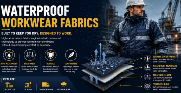 Waterproof workwear fabrics infographic showing a worker wearing a waterproof reflective jacket in rainy industrial conditions with layered fabric technology highlighting waterproof, breathable, durable, and comfortable performance.Waterproof Workwear Fabrics: Durable Options for All Weather