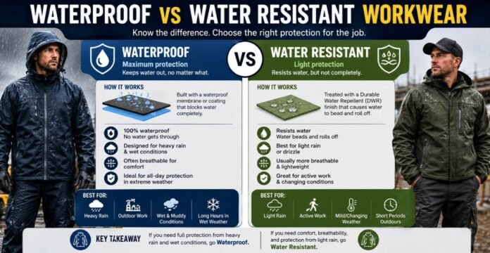 Waterproof vs Water Resistant Workwear Comparison infographic showing waterproof vs water-resistant workwear, highlighting key differences in protection, breathability, performance, and best-use scenarios for construction and outdoor workers.