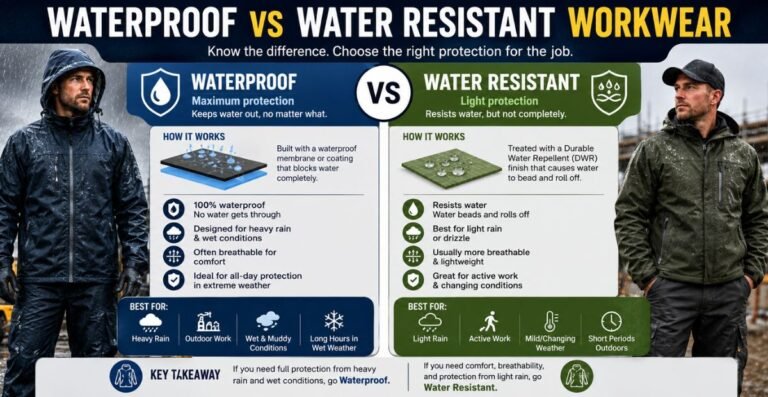 Waterproof vs Water Resistant Workwear: Features & Benefits