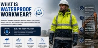 What Is Waterproof Workwear? Guide to Weather-Resistant Gear Infographic explaining waterproof workwear with a construction worker wearing a high-visibility waterproof rain jacket and hard hat at a rainy job site. The graphic highlights key features including waterproof protection, sealed seams, breathability, durability, windproof performance, and all-day comfort.what is waterproof workwear
