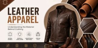 Leather Apparel: Understanding the Material Behind Clothing Leather apparel infographic showing a brown leather jacket, leather rolls, boots, belt, and leather clothing with key material features.Leather Apparel: Understanding the Material Behind Clothing
