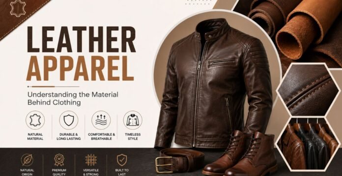 Leather apparel infographic showing a brown leather jacket, leather rolls, boots, belt, and leather clothing with key material features.Leather Apparel: Understanding the Material Behind Clothing