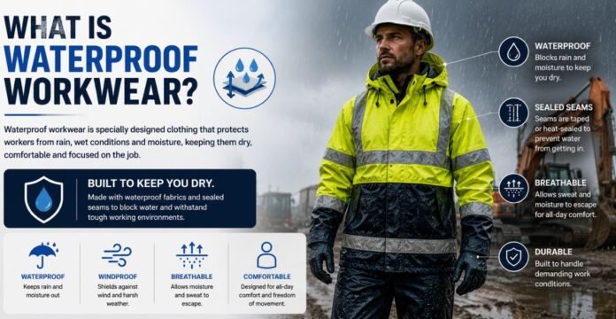 Infographic explaining waterproof workwear with a construction worker wearing a high-visibility waterproof rain jacket and hard hat at a rainy job site. The graphic highlights key features including waterproof protection, sealed seams, breathability, durability, windproof performance, and all-day comfort.what is waterproof workwear