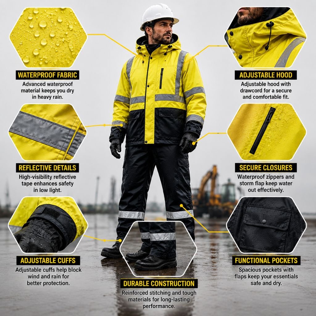 Waterproof workwear features shown on a high-visibility jacket and pants, including waterproof fabric, reflective details, adjustable hood and cuffs, secure closures, pockets, and durable construction.Waterproof Workwear Features: That Improve Comfort & Safety