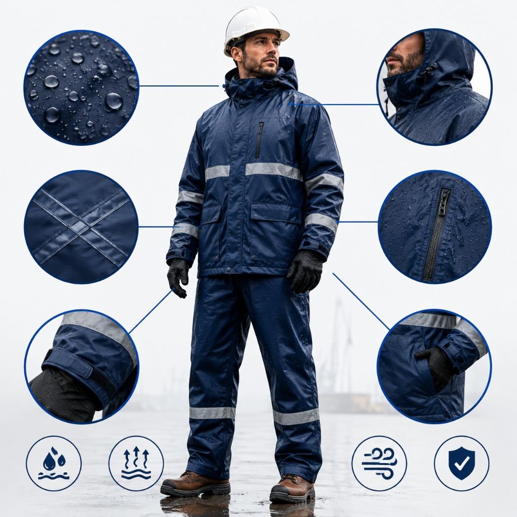 Waterproof workwear features shown on a worker, including water-resistant fabric, taped seams, adjustable cuffs, hood, and waterproof zippers.Waterproof Workwear Features: That Improve Comfort & Safety