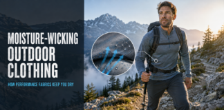 Moisture-Wicking Outdoor Clothing: How Performance Fabrics Keep You Dry Hiker wearing moisture-wicking outdoor clothing with a close-up showing moisture moving through performance fabric.