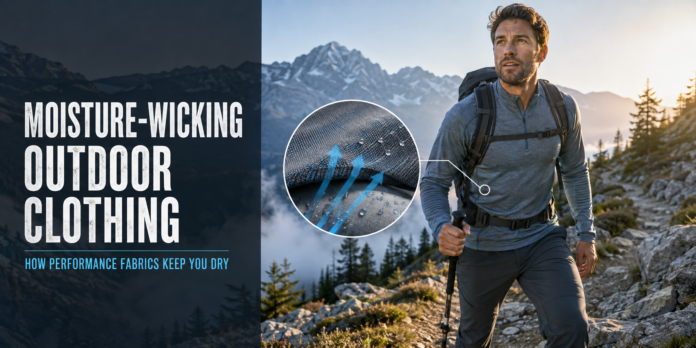Moisture-Wicking Outdoor Clothing How Performance Fabrics Keep You Dry Hiker wearing moisture-wicking outdoor clothing with a close-up showing moisture moving through performance fabric.