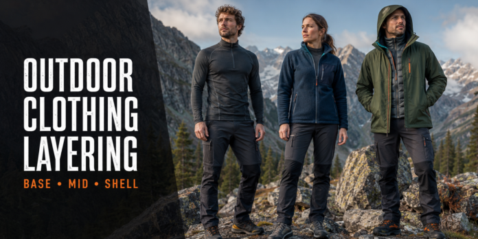Outdoor Clothing Layering Explained Base, Mid, and Shell Layers Three hikers demonstrate base, mid, and shell layers for outdoor clothing in a mountain environment.