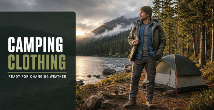 Camper wearing layered outdoor clothing beside a tent during changing mountain weather.