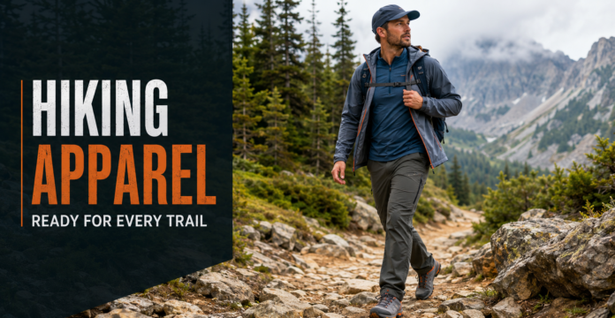 Hiker wearing technical outdoor clothing on a rocky mountain trail.