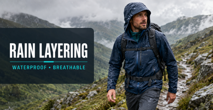 Outdoor Clothing for Rain Choosing Waterproof and Breathable Layers Hiker wearing waterproof and breathable outdoor clothing on a rainy mountain trail.