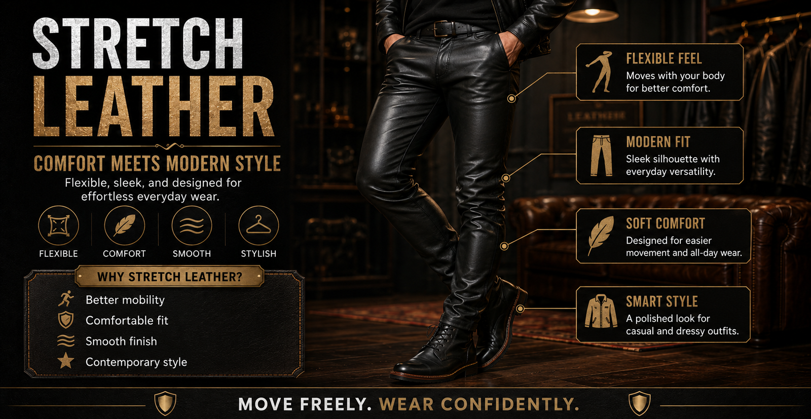 Leather Pants Materials Guide: Choosing the Best Leather for Your Style and Comfort 6 A stylish man wearing black stretch leather pants and a black leather jacket stands with his hands in his pockets inside a dark, sophisticated lounge, showcasing the sleek fit of the trousers. Product text reads "Stretch Leather, Comfort Meets Modern Style," with benefit icons for Flexible, Comfort, Smooth, and Stylish, and a banner reading "Move Freely. Wear Confidently."