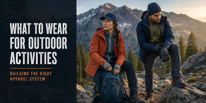 What to Wear for Outdoor Activities Building the Right Apparel System Two hikers wearing layered outdoor clothing in a mountain setting, illustrating the right apparel system for outdoor activities.