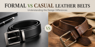 Formal vs. Casual Leather Belts: Design Differences Split-screen comparison of a black formal leather belt with silver buckle and a brown casual distressed belt with brass buckle.
