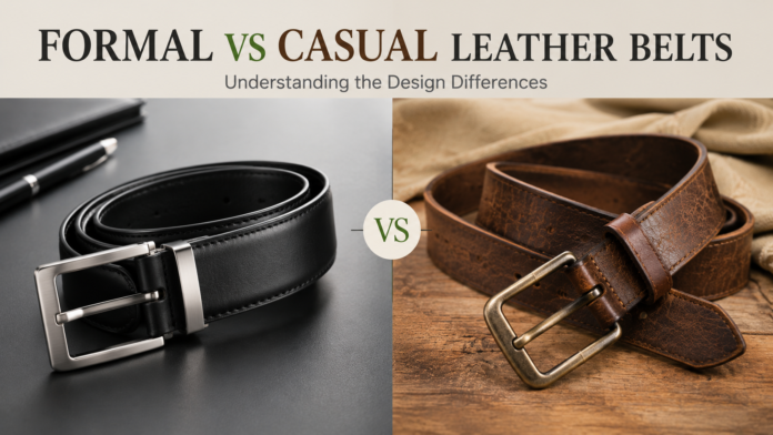 Split-screen comparison of a black formal leather belt with silver buckle and a brown casual distressed belt with brass buckle.