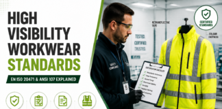 High Visibility Workwear Standards Explained: EN ISO 20471 and ANSI 107 Infographic explaining high-visibility workwear standards, featuring a jacket displayed on a mannequin with icons for certification, testing, compliance, and class ratings 1–3.