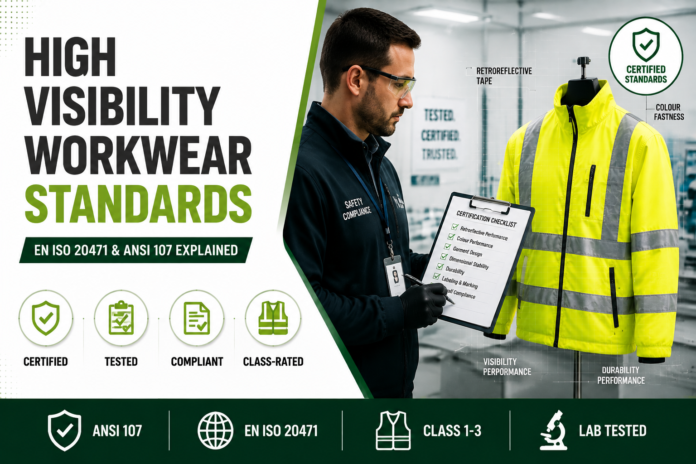 Infographic explaining high-visibility workwear standards, featuring a jacket displayed on a mannequin with icons for certification, testing, compliance, and class ratings 1–3.