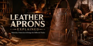 Leather Aprons Explained: Materials, Protection, and Design for Different Trades Leather apron with tool pockets on a workbench, explaining materials, protection, and design for different trades
