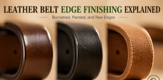 Leather Belt Edge Finishing Explained: Burnished, Painted, and Raw Edges Three leather belt edges side by side: burnished, painted, and raw, on a tan background.