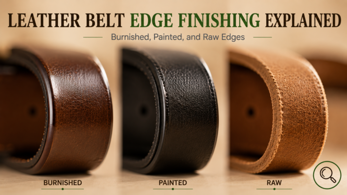 Three leather belt edges side by side: burnished, painted, and raw, on a tan background.
