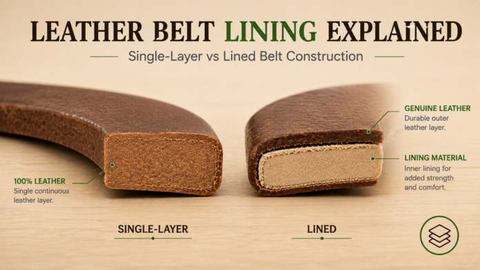 A side-by-side cross-section diagram of a single-layer leather belt and a lined belt with inner padding.
