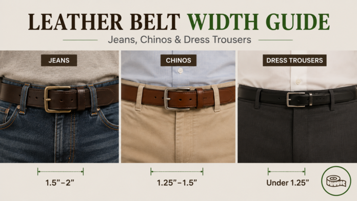 Leather belt width guide for jeans, chinos, and dress trousers.