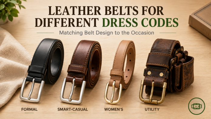 Four leather belts in a row on wood — formal black, smart-casual brown, women's tan, and utility brown with side pockets.