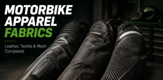 What are the different types of motorbike apparel? How to choose the right gear for every ride Three motorbike apparel fabric samples — leather, textile, and mesh — on a dark background.
