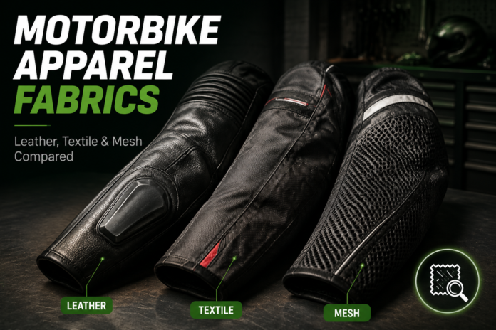 Three motorbike apparel fabric samples — leather, textile, and mesh — on a dark background.