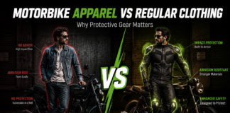 The Difference Between Motorbike Clothing and Regular Clothing Split infographic comparing motorbike protective gear to regular clothing, showing armor and abrasion resistance as safer options.