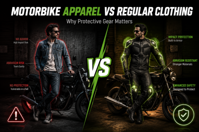 motorbike apparel vs regular clothing Split infographic comparing motorbike protective gear to regular clothing, showing armor and abrasion resistance as safer options.