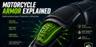 Understand impact protection in motorcycle gear Cutaway infographic of motorcycle armor showing a glowing green lattice insert surrounded by fabric, foam, and impact-dispersion arrows.