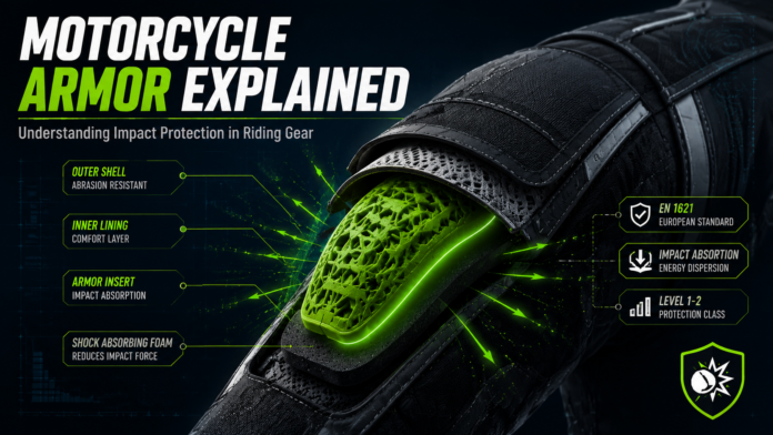 motorcycle armor Cutaway infographic of motorcycle armor showing a glowing green lattice insert surrounded by fabric, foam, and impact-dispersion arrows.