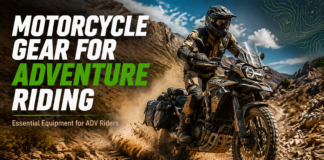 The Essentials of Adventure Riding Gear: Motorcycle Gear for ADV Riders Adventure rider on dirt bike Mountain desert landscape Camo gear with goggles helmet Saddlebags, dust kicking up