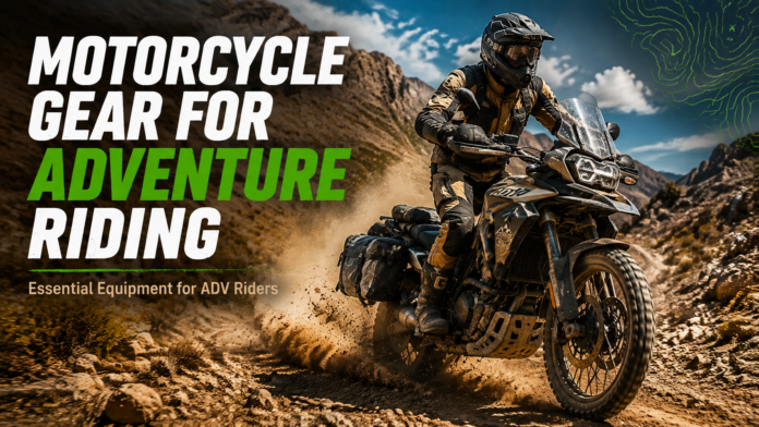 Adventure rider on dirt bike Mountain desert landscape Camo gear with goggles helmet Saddlebags, dust kicking up