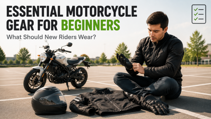 Man putting on motorcycle gloves beside a parked white bike, with riding gear laid out on the ground.