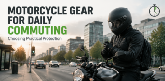 Choose practical protection for your daily commuter motorcycle gear Motorcyclist in black gear on a bike at sunrise, with the text "Motorcycle Gear for Daily Commuting."