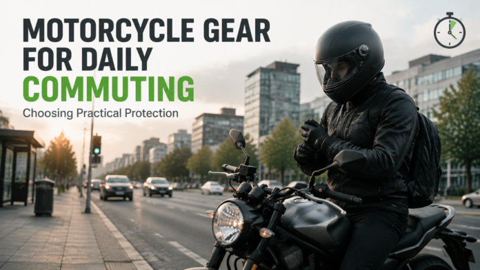 Motorcyclist in black gear on a bike at sunrise, with the text 