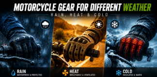 The Best Motorcycle Gear to Wear in Different Conditions: Heat, Rain and Cold Three-panel motorcycle gear ad: gloved hand on handlebars in rain, sun, and snow.